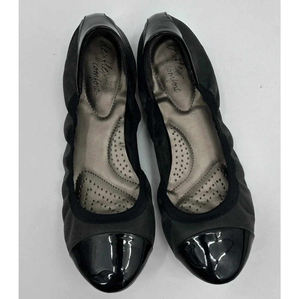 Dexflex Comfort Womens Black Cap Toe Ballet Flats Elasticized Slip On Size 10W